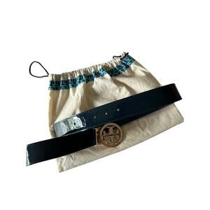 tory burch women classic monogram logo dark blue belt 1.5 Width 46/115 L / XL